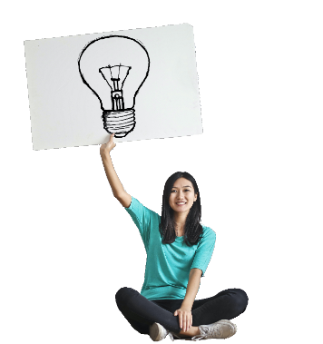 Woman sitting with a lightbulb sign, symbolizing innovative software solutions.