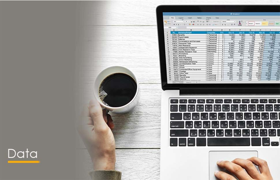 Laptop and spreadsheet on a table with a hand holding a coffee cup, titled 'Data'