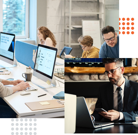 Image of professionals collaborating at computers, focused on bank reconciliation tasks.