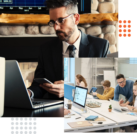 Image of professionals collaborating at computers, focusing on vendor payment processing.