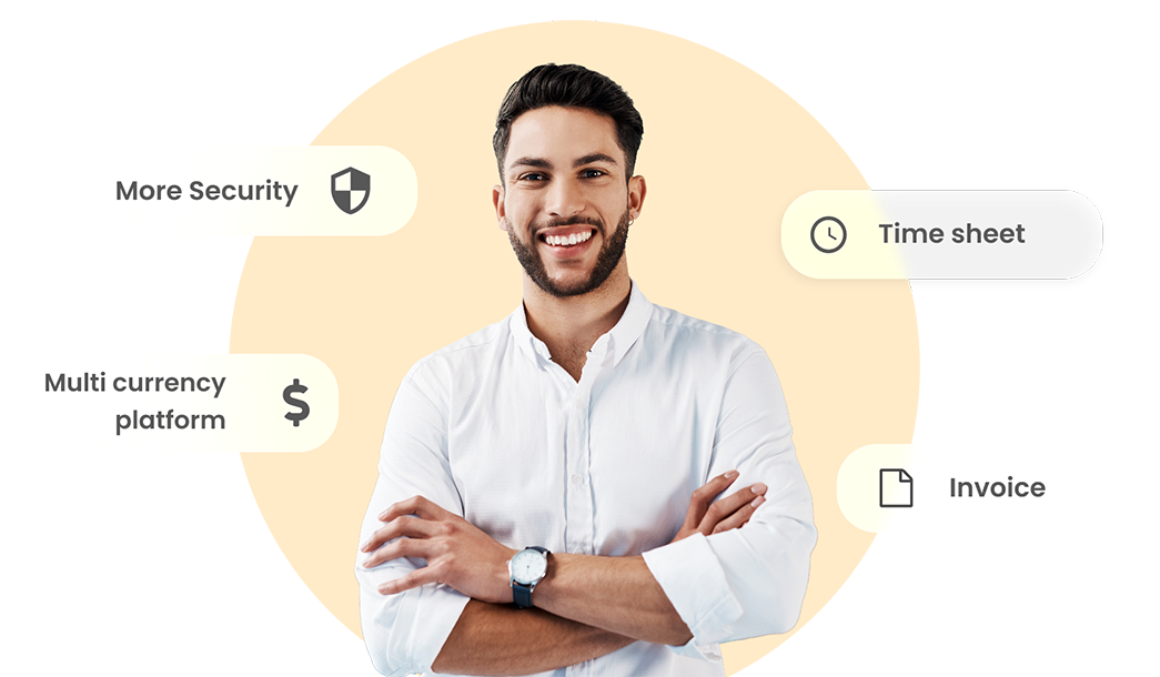 A smiling man with crossed arms, promoting a time and expense tracking product.