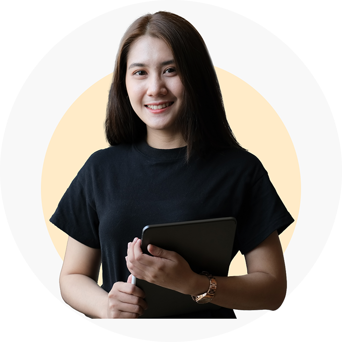 A smiling woman holding a tablet, promoting warranty management and compliance.