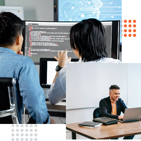 Two people collaborating on coding in a modern office setting, focusing on Microsoft Azure cloud solutions, with another individual working at a laptop, representing TechnicaX's expertise in cloud services.