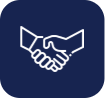 Icon of a handshake symbolizing customer relationship enhancement, set against a dark blue background, representing TechnicaX and Dynamics 365 CE solutions.