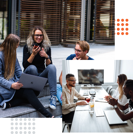 Professionals collaborating with laptops and smartphones outdoors and in a meeting room, emphasizing teamwork and technology as part of enhancing customer relationships with Dynamics 365 CE.