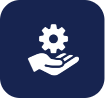 Icon of a hand holding a gear on a dark blue background, symbolizing customer relationship management and service enhancement through Dynamics 365 CE.