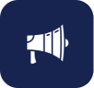 Icon of a white megaphone on a dark blue background, representing communication and customer engagement in Dynamics 365 CE.