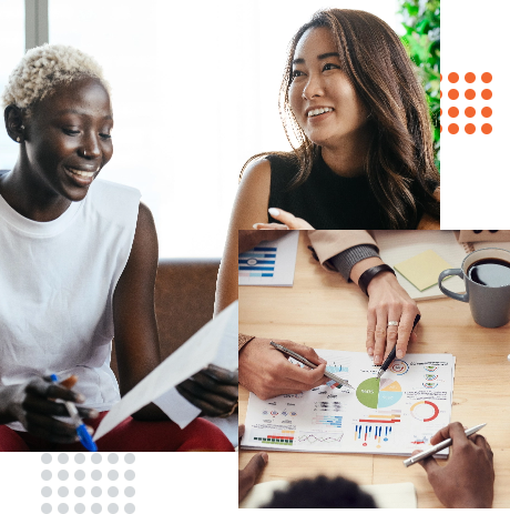Two professionals collaborating on financial management documents for Dynamics 365 FO, with charts and graphs on a table between them, suggesting a business meeting context.