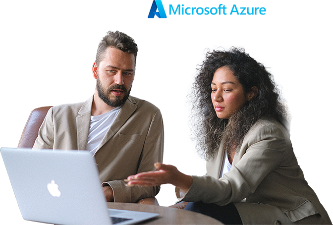 Two professionals discussing cloud solutions over a laptop with Microsoft Azure logo in the background, highlighting TechnicaX's expertise in Azure services.