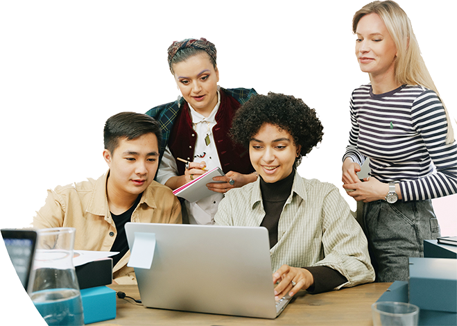 A diverse group of four people collaborating at a desk, focused on a laptop, representing teamwork and technology. Perfect for illustrating financial and operations management concepts in a business setting.