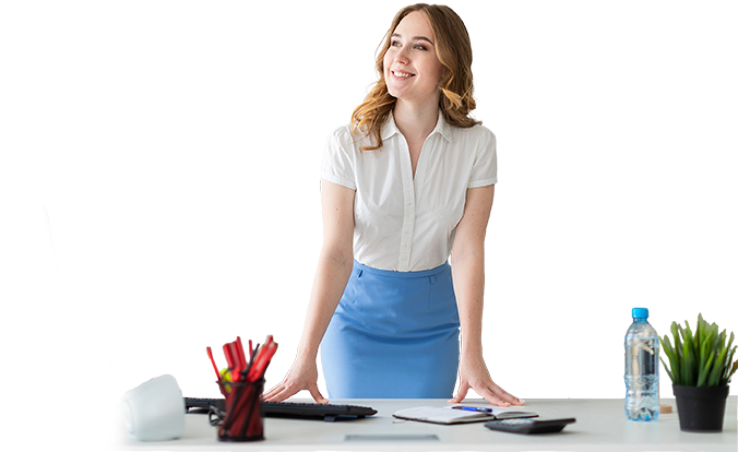 Businesswoman in office leaning on desk with stationery, water bottle, and plant, symbolizing professional work environment for TechnicaX Power Apps custom app development.