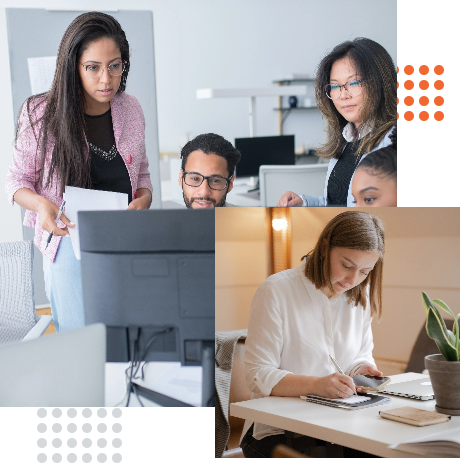 Professionals collaborating on custom app development with Power Apps, featuring a diverse team working at computers and a woman taking notes.