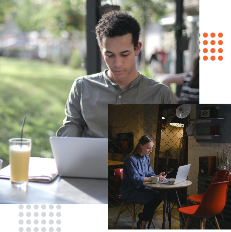 Two individuals working on laptops; one is seated in a bright, outdoor setting with a drink nearby, while the other is indoors in a cozy environment, illustrating flexible workspaces for custom app development with Power Apps.