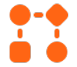 Orange geometric shapes connected by lines, representing collaboration in business solutions.