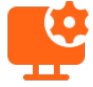 Orange computer monitor with gear icon representing software development and custom solutions services by TechnicaX.